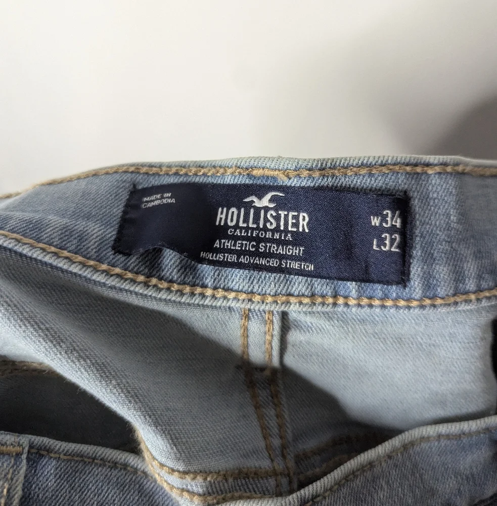 Hollister Mens Light Blue Tab Button Athletic Straight Leg Denim Jeans 34x32
